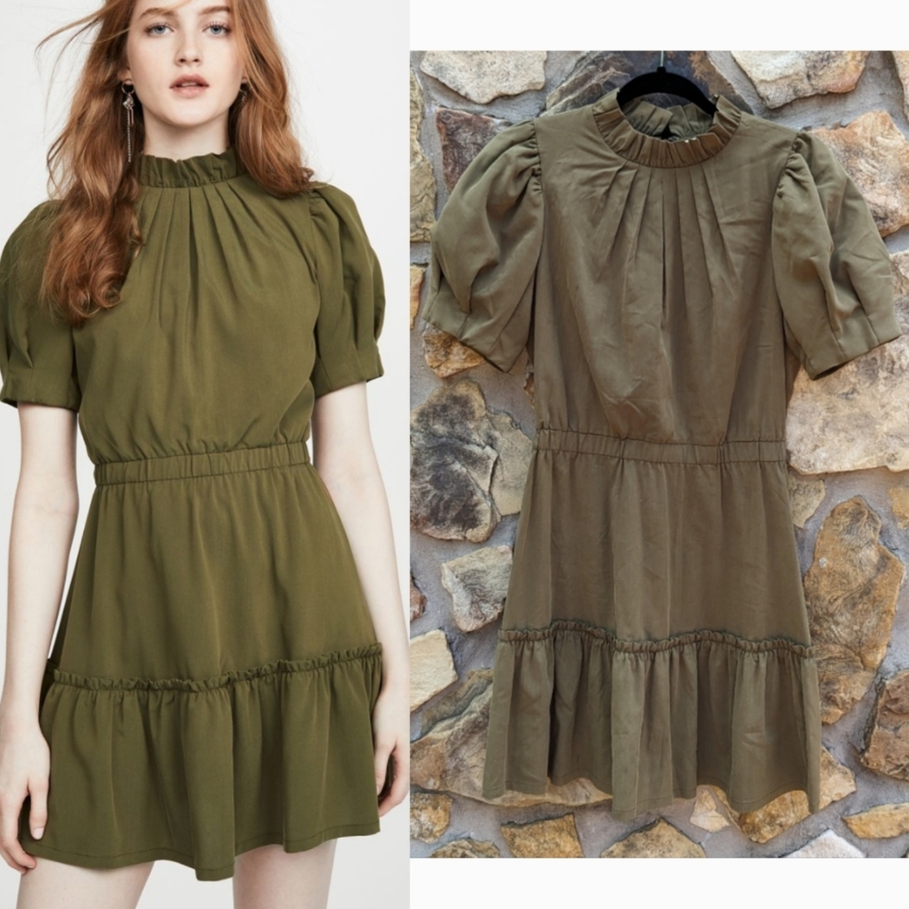 Alice + Olivia Olive Green Puff Sleeve Mini Dress Sz 6